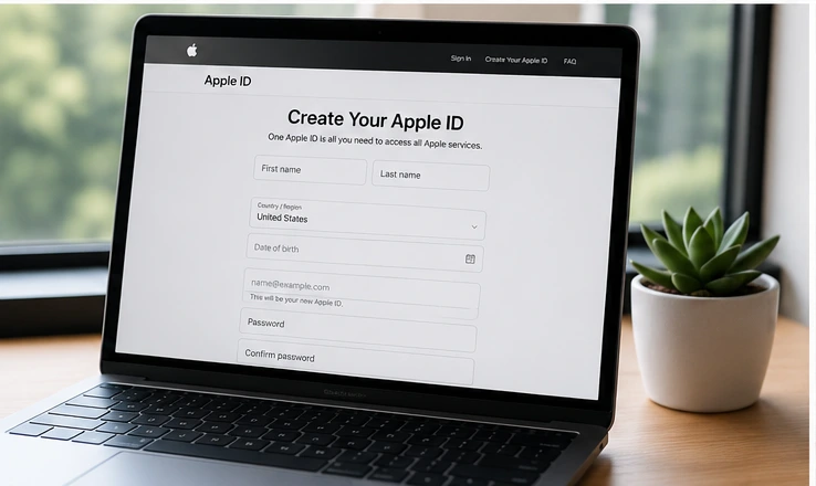 صفحه ورود Apple ID روی آیفون یا فردی که در حال ساخت Apple ID است